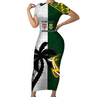 Custom South Africa And Fiji Rugby Short Sleeve Bodycon Dress 2023 World Cup Fijian Tapa With Kente Pattern LT14 Long Dress Green - Polynesian Pride