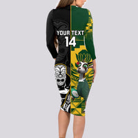 Custom South Africa And Aotearoa Rugby Long Sleeve Bodycon Dress 2023 Springboks Kente Combine All Black Maori Fern LT14 - Polynesian Pride