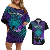 Suicide Awareness Your Story Is Not Over Yet Couples Matching Off Shoulder Short Dress and Hawaiian Shirt Polynesian Butterfly Tattoo LT14 Purple - Polynesian Pride