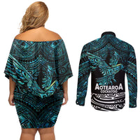 New Zealand Sulphur-crested Cockatoo Couples Matching Off Shoulder Short Dress and Long Sleeve Button Shirt Aotearoa Maori Mix Paua Shell LT14 - Polynesian Pride