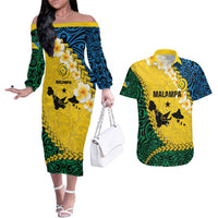 Malampa Province Couples Matching Off The Shoulder Long Sleeve Dress and Hawaiian Shirt Vanuatu Map - Plumeria Flag Color