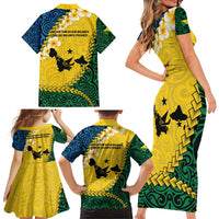 Malampa Province Family Matching Short Sleeve Bodycon Dress and Hawaiian Shirt Vanuatu Map - Plumeria Flag Color