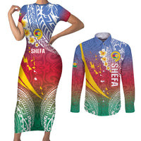 Shefa Province Couples Matching Short Sleeve Bodycon Dress and Long Sleeve Button Shirt Vanuatu Pattern Map - Plumeria Flag Color LT14 Red - Polynesian Pride