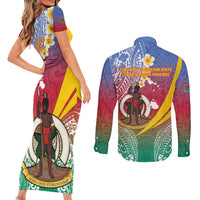 Shefa Province Couples Matching Short Sleeve Bodycon Dress and Long Sleeve Button Shirt Vanuatu Pattern Map - Plumeria Flag Color LT14 - Polynesian Pride