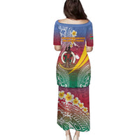 Shefa Province Family Matching Puletasi and Hawaiian Shirt Vanuatu Pattern Map - Plumeria Flag Color