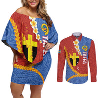 Tafea Province Couples Matching Off Shoulder Short Dress and Long Sleeve Button Shirt Vanuatu Pattern Map - Plumeria Flag Color LT14 Red - Polynesian Pride