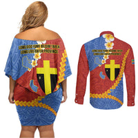 Tafea Province Couples Matching Off Shoulder Short Dress and Long Sleeve Button Shirt Vanuatu Pattern Map - Plumeria Flag Color LT14 - Polynesian Pride