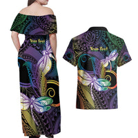 Personalized Polynesian Memorial Couples Matching Off Shoulder Maxi Dress and Hawaiian Shirt Dragonflies Appear When Angels Are Near