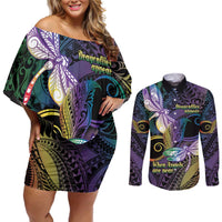 Personalized Polynesian Memorial Couples Matching Off Shoulder Short Dress and Long Sleeve Button Shirt Dragonflies Appear When Angels Are Near