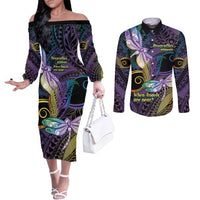 Personalized Polynesian Memorial Couples Matching Off The Shoulder Long Sleeve Dress and Long Sleeve Button Shirt Dragonflies Appear When Angels Are Near