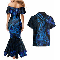Blue Polynesia Shark Tattoo Couples Matching Mermaid Dress and Hawaiian Shirt With Polynesian Plumeria LT14 - Polynesian Pride