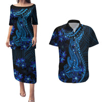 Blue Polynesia Shark Tattoo Couples Matching Puletasi Dress and Hawaiian Shirt With Polynesian Plumeria LT14 Blue - Polynesian Pride