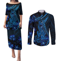 Blue Polynesia Shark Tattoo Couples Matching Puletasi Dress and Long Sleeve Button Shirt With Polynesian Plumeria LT14 Blue - Polynesian Pride