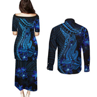 Blue Polynesia Shark Tattoo Couples Matching Puletasi Dress and Long Sleeve Button Shirt With Polynesian Plumeria LT14 - Polynesian Pride