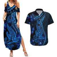 Blue Polynesia Shark Tattoo Couples Matching Summer Maxi Dress and Hawaiian Shirt With Polynesian Plumeria LT14 Blue - Polynesian Pride