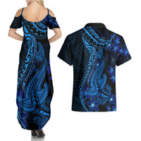 Blue Polynesia Shark Tattoo Couples Matching Summer Maxi Dress and Hawaiian Shirt With Polynesian Plumeria LT14 - Polynesian Pride