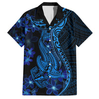 Blue Polynesia Shark Tattoo Family Matching Puletasi Dress and Hawaiian Shirt With Polynesian Plumeria LT14 Dad's Shirt - Short Sleeve Blue - Polynesian Pride