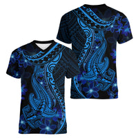 Blue Polynesia Shark Tattoo Women V Neck T Shirt With Polynesian Plumeria LT14 - Polynesian Pride