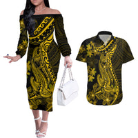 Gold Polynesia Shark Tattoo Couples Matching Off The Shoulder Long Sleeve Dress and Hawaiian Shirt With Polynesian Plumeria LT14 Gold - Polynesian Pride