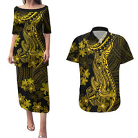 Gold Polynesia Shark Tattoo Couples Matching Puletasi Dress and Hawaiian Shirt With Polynesian Plumeria LT14 Gold - Polynesian Pride