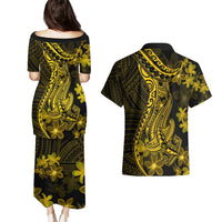 Gold Polynesia Shark Tattoo Couples Matching Puletasi Dress and Hawaiian Shirt With Polynesian Plumeria LT14 - Polynesian Pride