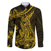 Gold Polynesia Shark Tattoo Family Matching Mermaid Dress and Hawaiian Shirt With Polynesian Plumeria LT14 Dad's Shirt - Long Sleeve Gold - Polynesian Pride