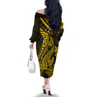 Gold Polynesia Shark Tattoo Family Matching Off Shoulder Long Sleeve Dress and Hawaiian Shirt With Polynesian Plumeria LT14 - Polynesian Pride