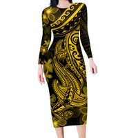 Gold Polynesia Shark Tattoo Long Sleeve Bodycon Dress With Polynesian Plumeria LT14 Long Dress Gold - Polynesian Pride