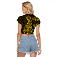 Gold Polynesia Shark Tattoo Raglan Cropped T Shirt With Polynesian Plumeria LT14 - Polynesian Pride