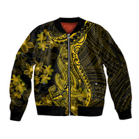 Gold Polynesia Shark Tattoo Sleeve Zip Bomber Jacket With Polynesian Plumeria LT14 Unisex Gold - Polynesian Pride