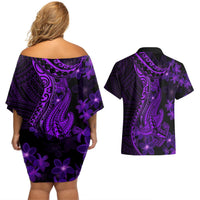 Purple Polynesia Shark Tattoo Couples Matching Off Shoulder Short Dress and Hawaiian Shirt With Polynesian Plumeria LT14 - Polynesian Pride