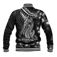 Black Polynesia Baseball Jacket Shark Tattoo With Polynesian Plumeria LT14 - Polynesian Pride