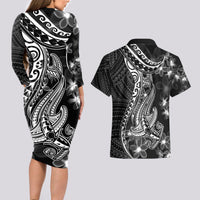 Black Polynesia Couples Matching Long Sleeve Bodycon Dress and Hawaiian Shirt Shark Tattoo With Polynesian Plumeria LT14 - Polynesian Pride