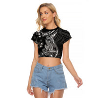 Black Polynesia Raglan Cropped T Shirt Shark Tattoo With Polynesian Plumeria LT14 Female Black - Polynesian Pride
