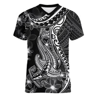 Black Polynesia Women V Neck T Shirt Shark Tattoo With Polynesian Plumeria LT14 Female Black - Polynesian Pride