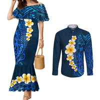 Blue Polynesia Couples Matching Mermaid Dress and Long Sleeve Button Shirt Plumeria Tropical Leaves With Galaxy Polynesian Art LT14 Blue - Polynesian Pride
