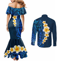Blue Polynesia Couples Matching Mermaid Dress and Long Sleeve Button Shirt Plumeria Tropical Leaves With Galaxy Polynesian Art LT14 - Polynesian Pride