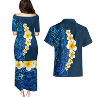 Blue Polynesia Couples Matching Puletasi Dress and Hawaiian Shirt Plumeria Tropical Leaves With Galaxy Polynesian Art LT14 - Polynesian Pride