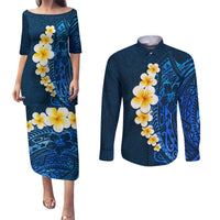 Blue Polynesia Couples Matching Puletasi Dress and Long Sleeve Button Shirt Plumeria Tropical Leaves With Galaxy Polynesian Art LT14 Blue - Polynesian Pride