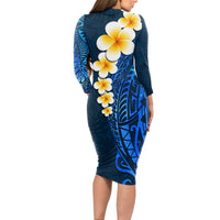 Blue Polynesia Long Sleeve Bodycon Dress Plumeria Tropical Leaves With Galaxy Polynesian Art LT14 - Polynesian Pride