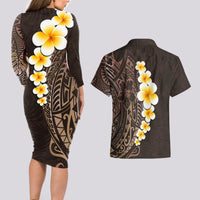 Brown Polynesia Couples Matching Long Sleeve Bodycon Dress and Hawaiian Shirt Plumeria Tropical Leaves With Galaxy Polynesian Art LT14 - Polynesian Pride