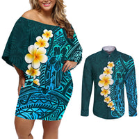 Turquosie Polynesia Couples Matching Off Shoulder Short Dress and Long Sleeve Button Shirt Plumeria Tropical Leaves With Galaxy Polynesian Art LT14 Turquoise - Polynesian Pride