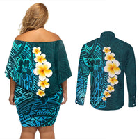 Turquosie Polynesia Couples Matching Off Shoulder Short Dress and Long Sleeve Button Shirt Plumeria Tropical Leaves With Galaxy Polynesian Art LT14 - Polynesian Pride