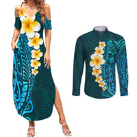 Turquosie Polynesia Couples Matching Summer Maxi Dress and Long Sleeve Button Shirt Plumeria Tropical Leaves With Galaxy Polynesian Art LT14 Turquoise - Polynesian Pride