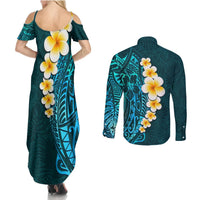 Turquosie Polynesia Couples Matching Summer Maxi Dress and Long Sleeve Button Shirt Plumeria Tropical Leaves With Galaxy Polynesian Art LT14 - Polynesian Pride