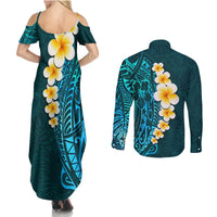 Turquosie Polynesia Couples Matching Summer Maxi Dress and Long Sleeve Button Shirt Plumeria Tropical Leaves With Galaxy Polynesian Art LT14 - Polynesian Pride