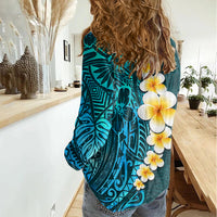 Turquosie Polynesia Women Casual Shirt Plumeria Tropical Leaves With Galaxy Polynesian Art LT14 - Polynesian Pride