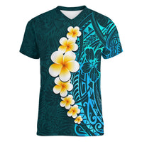 Turquosie Polynesia Women V Neck T Shirt Plumeria Tropical Leaves With Galaxy Polynesian Art LT14 Female Turquoise - Polynesian Pride