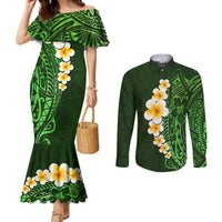 Green Polynesia Couples Matching Mermaid Dress and Long Sleeve Button Shirt Plumeria Tropical Leaves With Galaxy Polynesian Art LT14 Green - Polynesian Pride