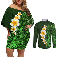 Green Polynesia Couples Matching Off Shoulder Short Dress and Long Sleeve Button Shirt Plumeria Tropical Leaves With Galaxy Polynesian Art LT14 Green - Polynesian Pride